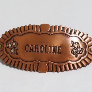 Etched bronze name Caroline rhinestone flower barrette, Engraved hair barrette